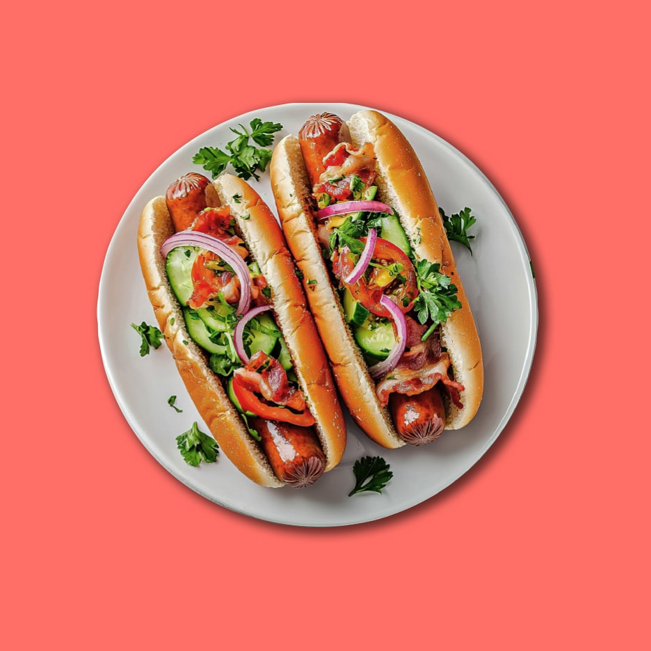 To hotdogs med pølser, bacon, agurk, tomat, rødløg og persille på en hvid tallerken.
