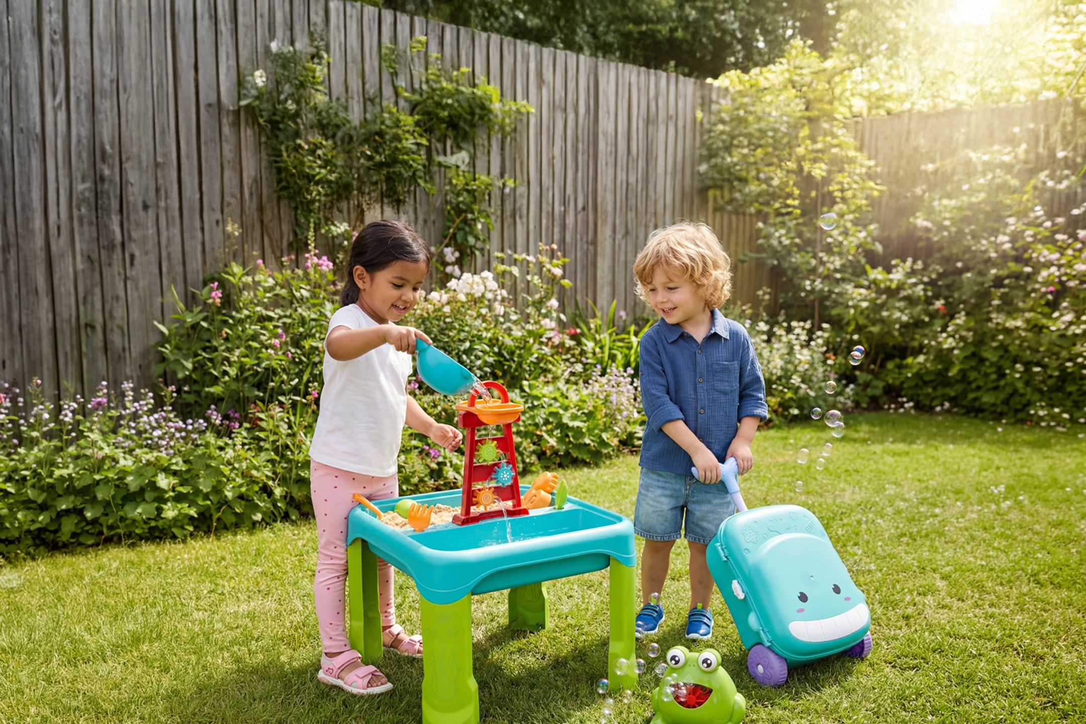 To børn leger med et vand- og sandbord og en kuffert i en have.