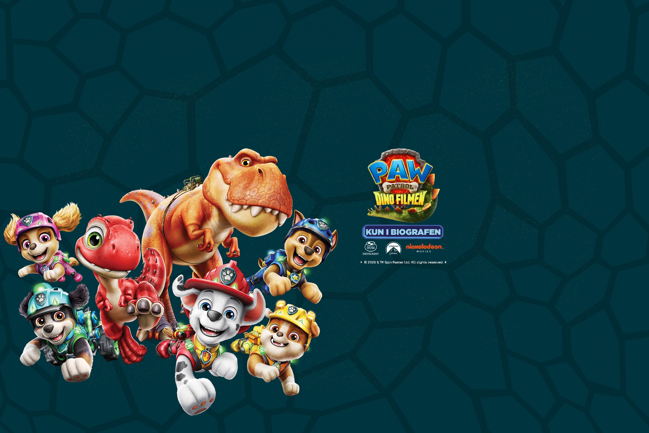 Paw Patrol Dino Filmen: Tegnefilmsfigurer og dinosaurer på en mørkegrøn baggrund.