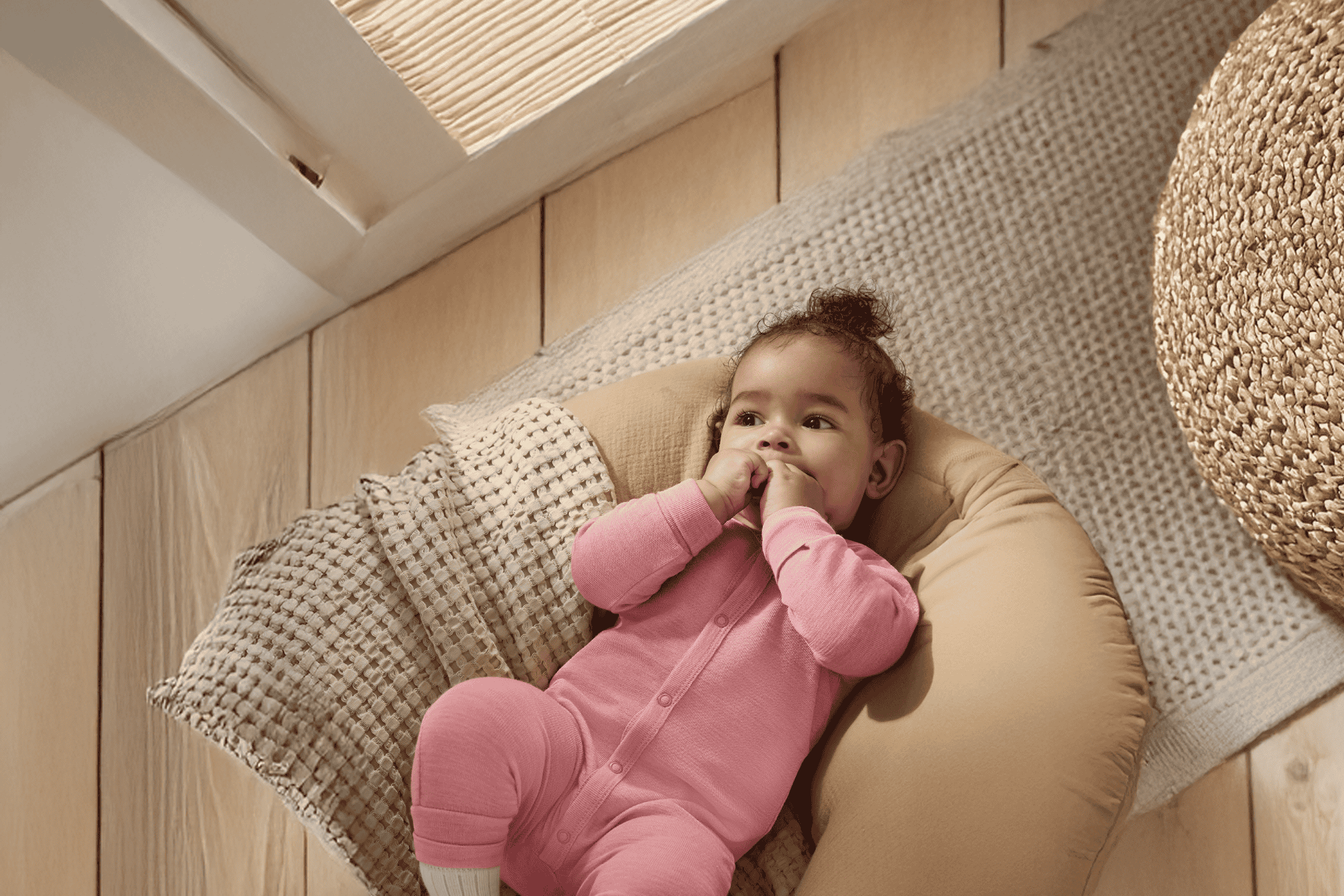 Baby i lyserød heldragt liggende på en pude på et trægulv.