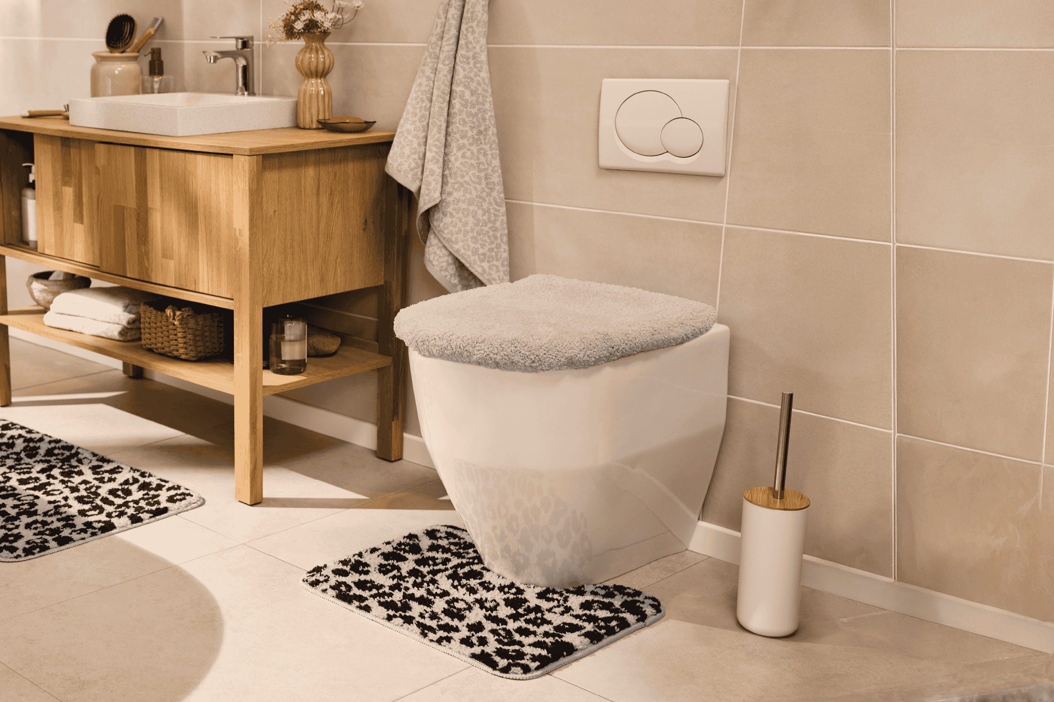 Badeværelse med trævaskeskab, toilet med gråt sæde og leopardmønstrede måtter.