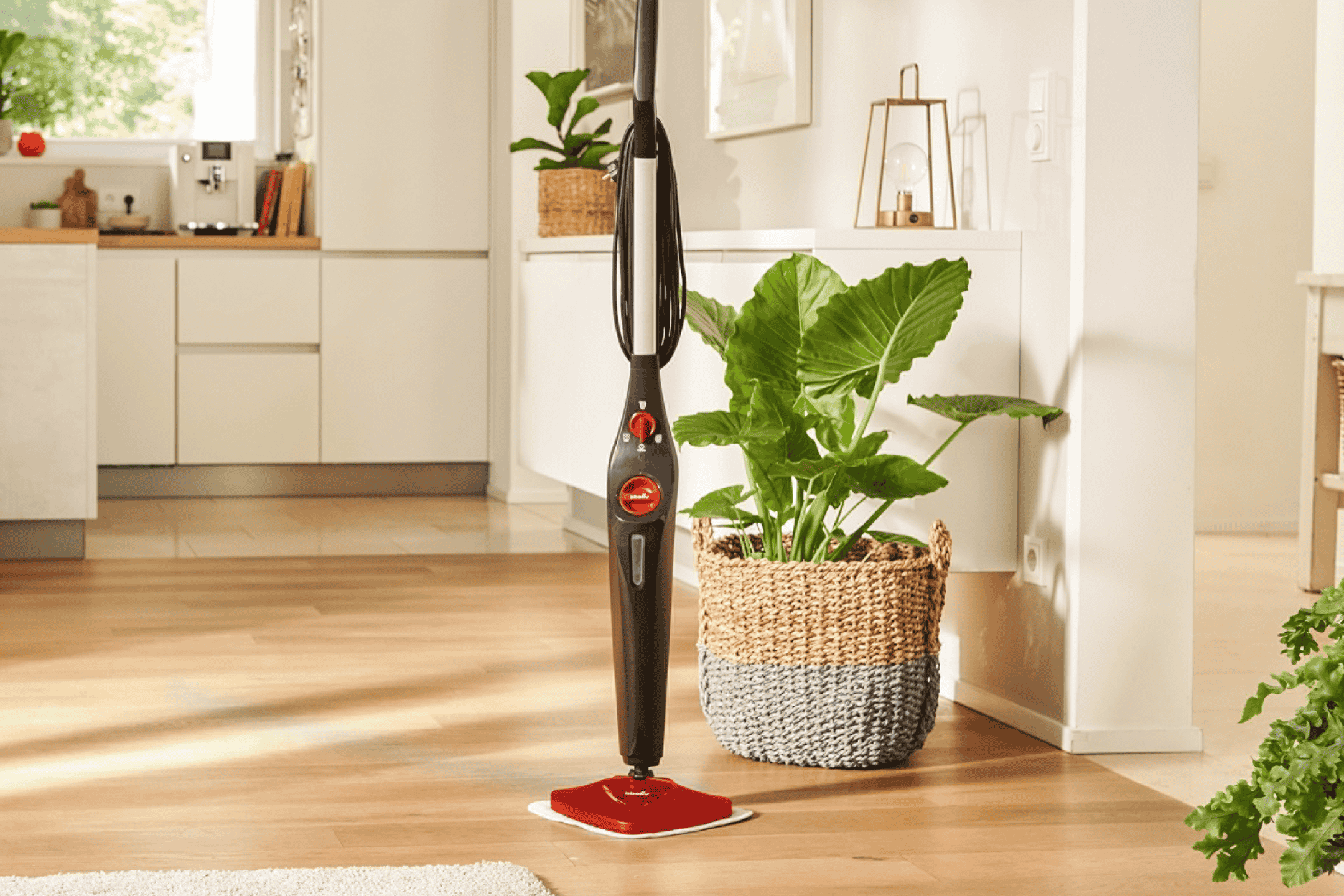 Dampmoppe på et trægulv i et lyst køkken med planter.