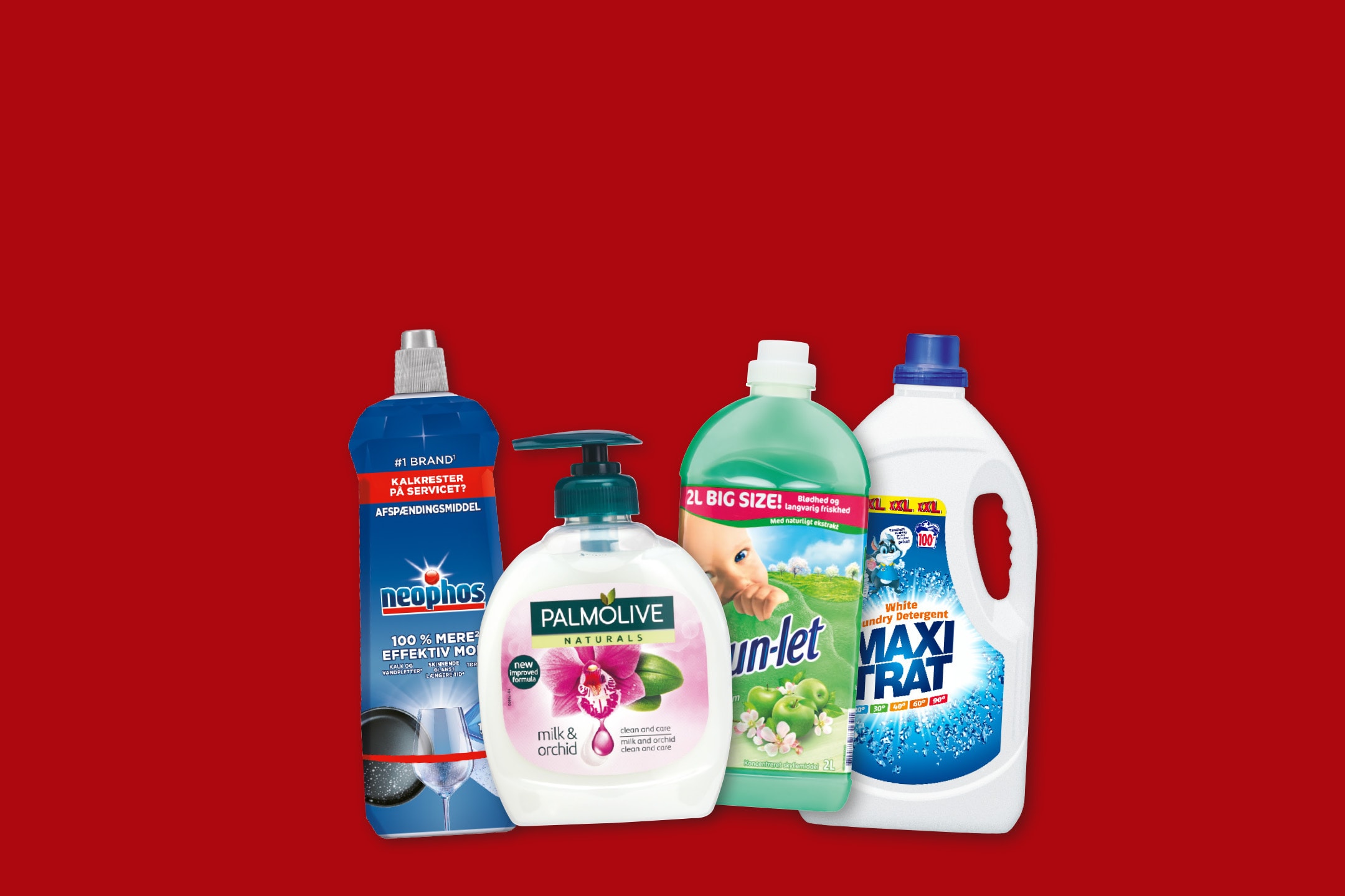 En samling af rengøringsprodukter, herunder opvaskemiddel, håndsæbe, skyllemiddel og vaskemiddel.