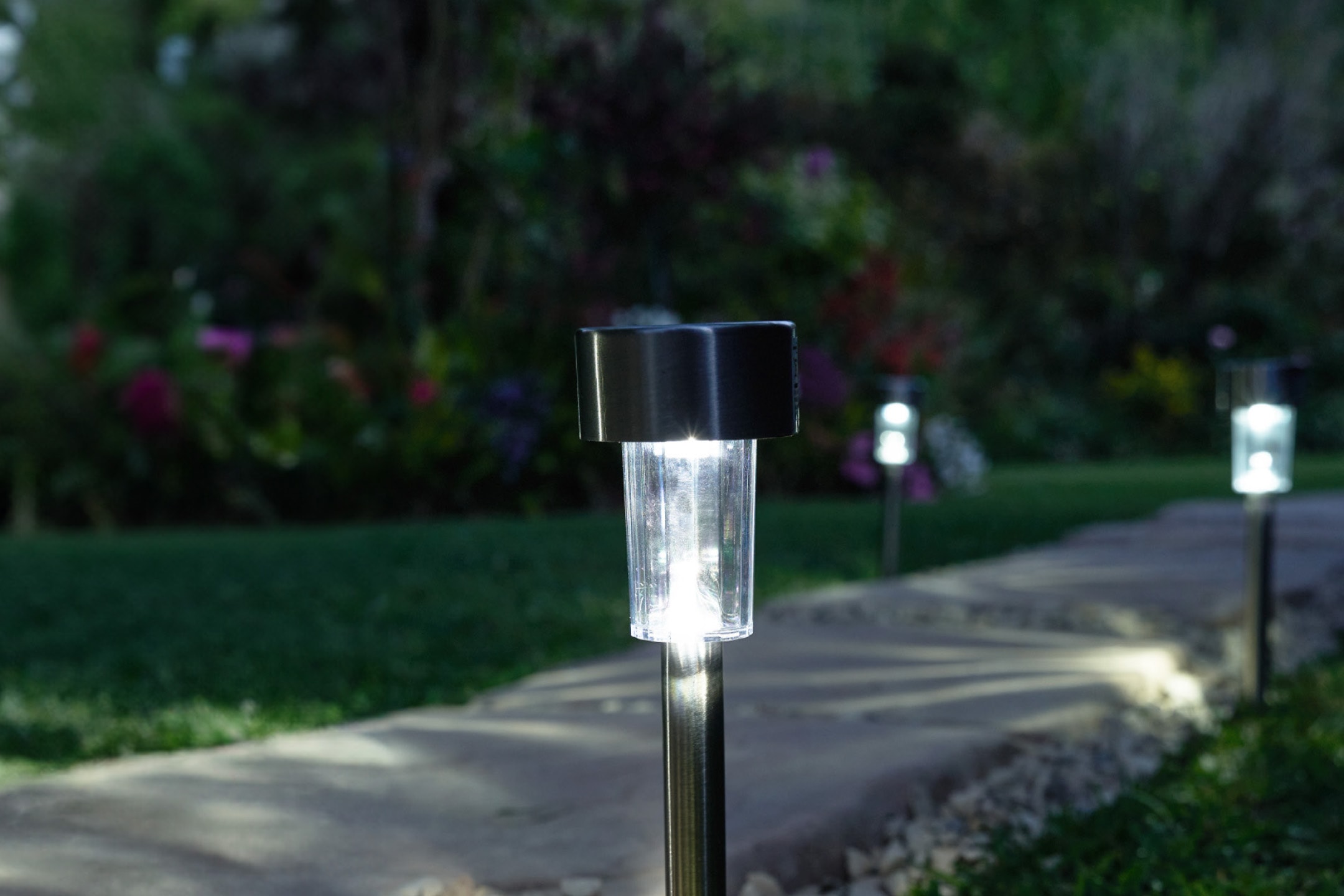 Solcellelamper langs en havegang i skumringen.