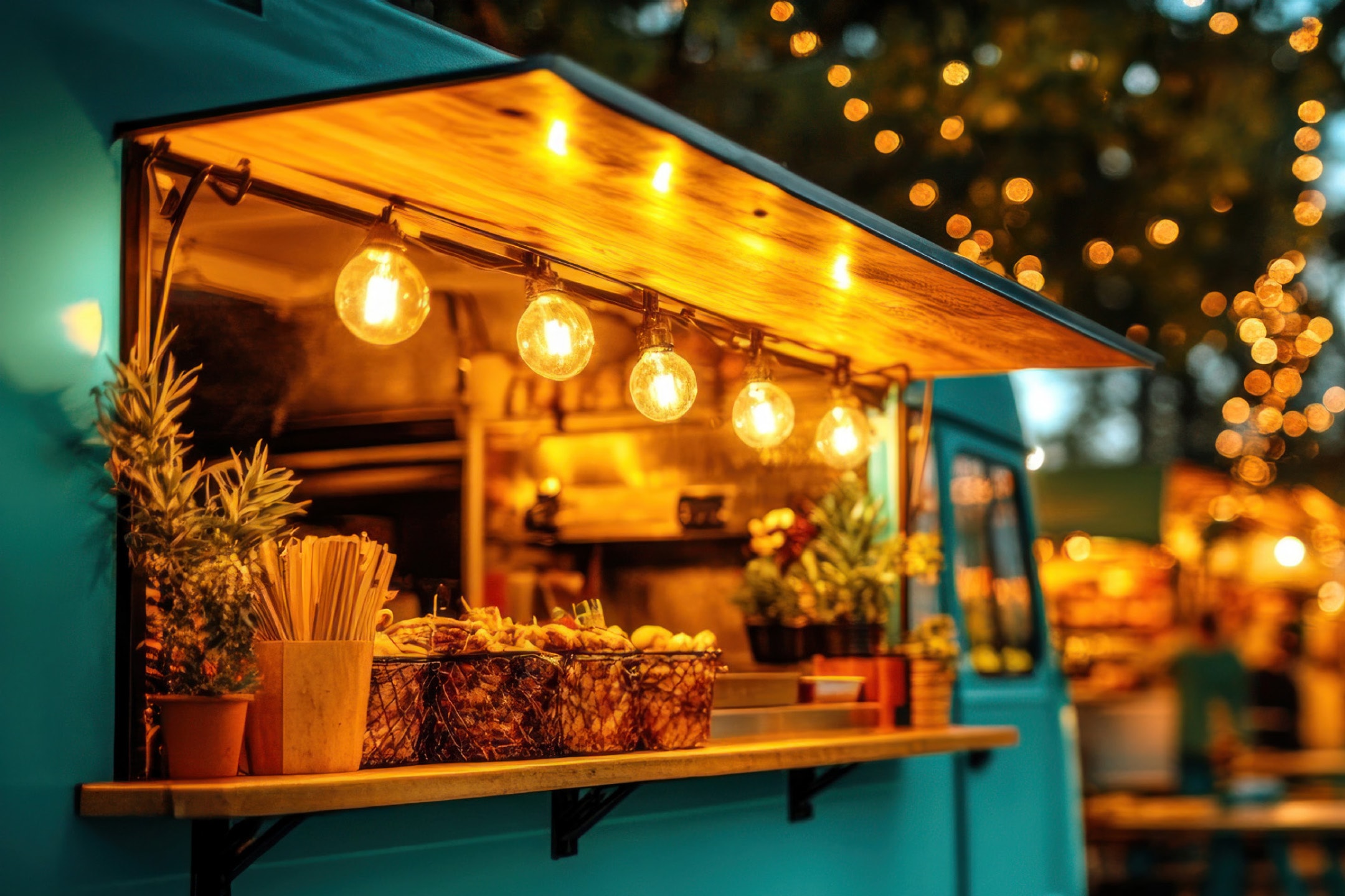Food truck med lyskæder, der sælger mad i kurve og pinde.
