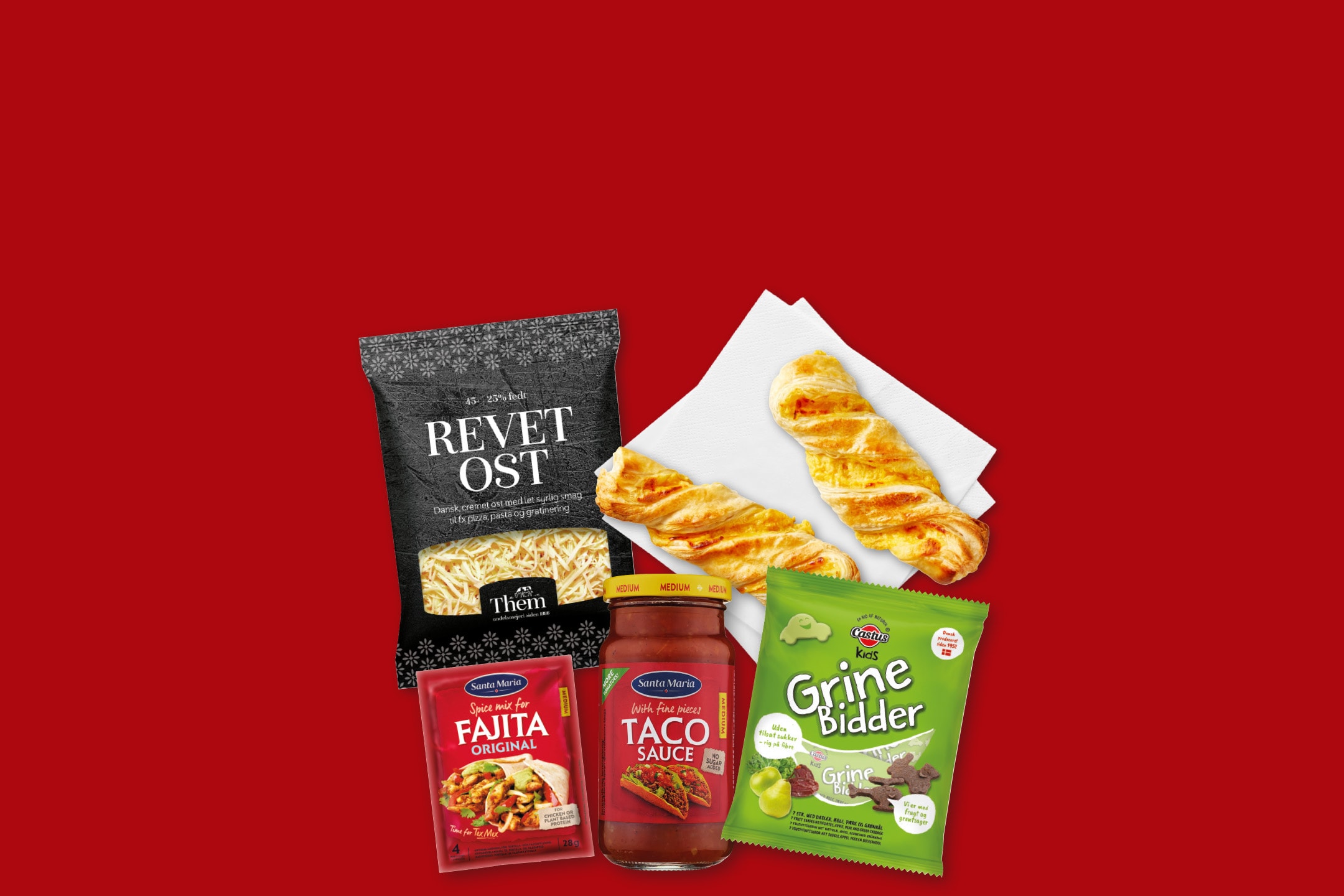 En pose revet ost, fajita krydderiblanding, tacosauce, to butterdejssnacks og en pose frugt- og grøntsagsbidder.