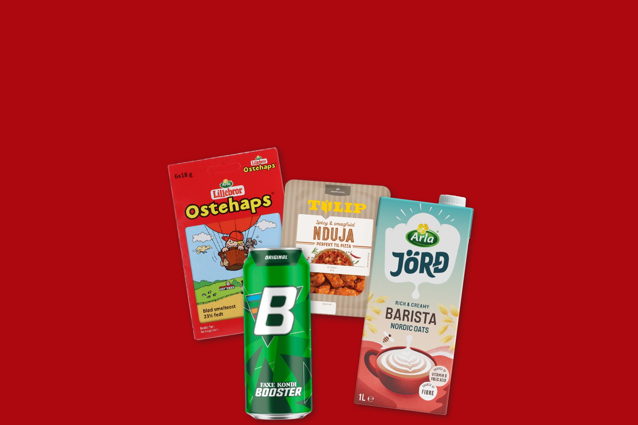 En energidrik, en pakke ost, en pakke krydret pølse og en havredrik.