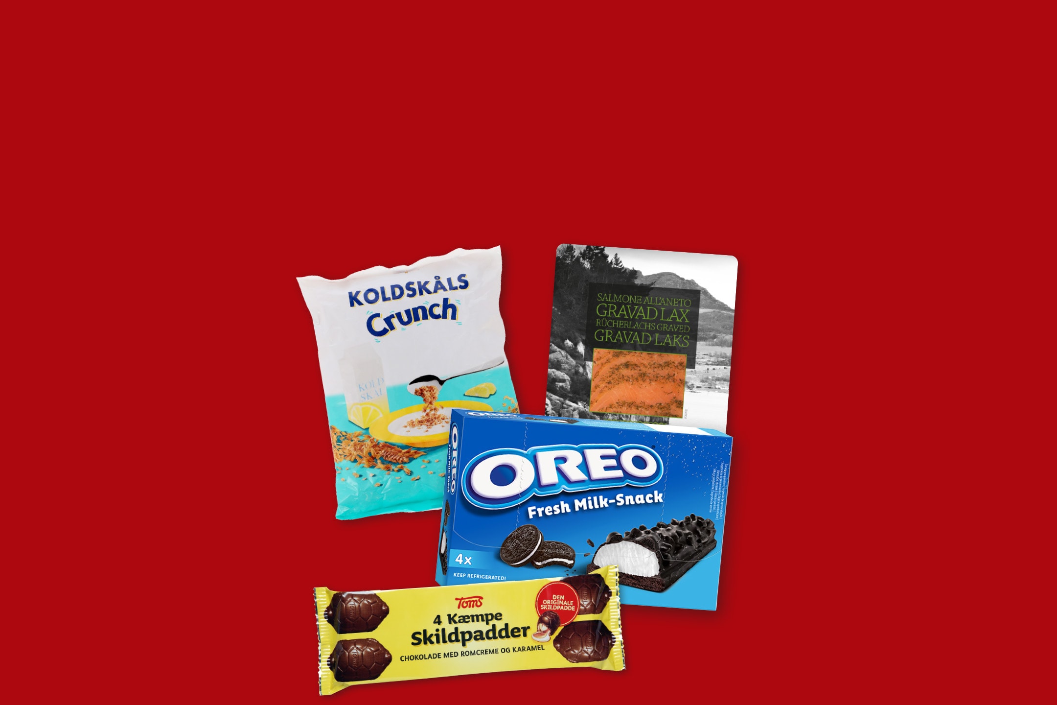 En pakke mælkesnacks, en pakke koldskålscrunch, en pakke gravad laks og en pakke chokolade.