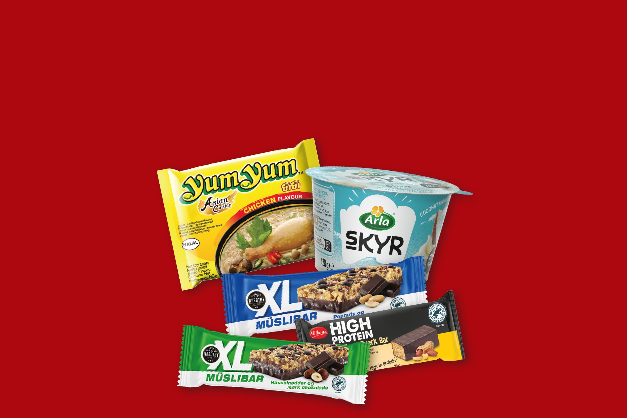 Instantnudler, skyr og müslibarer med nødder og chokolade.