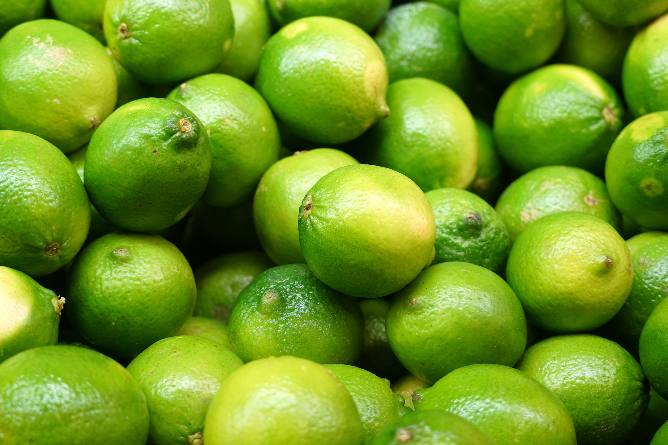 En bunke friske, grønne limefrugter med let ujævn tekstur.