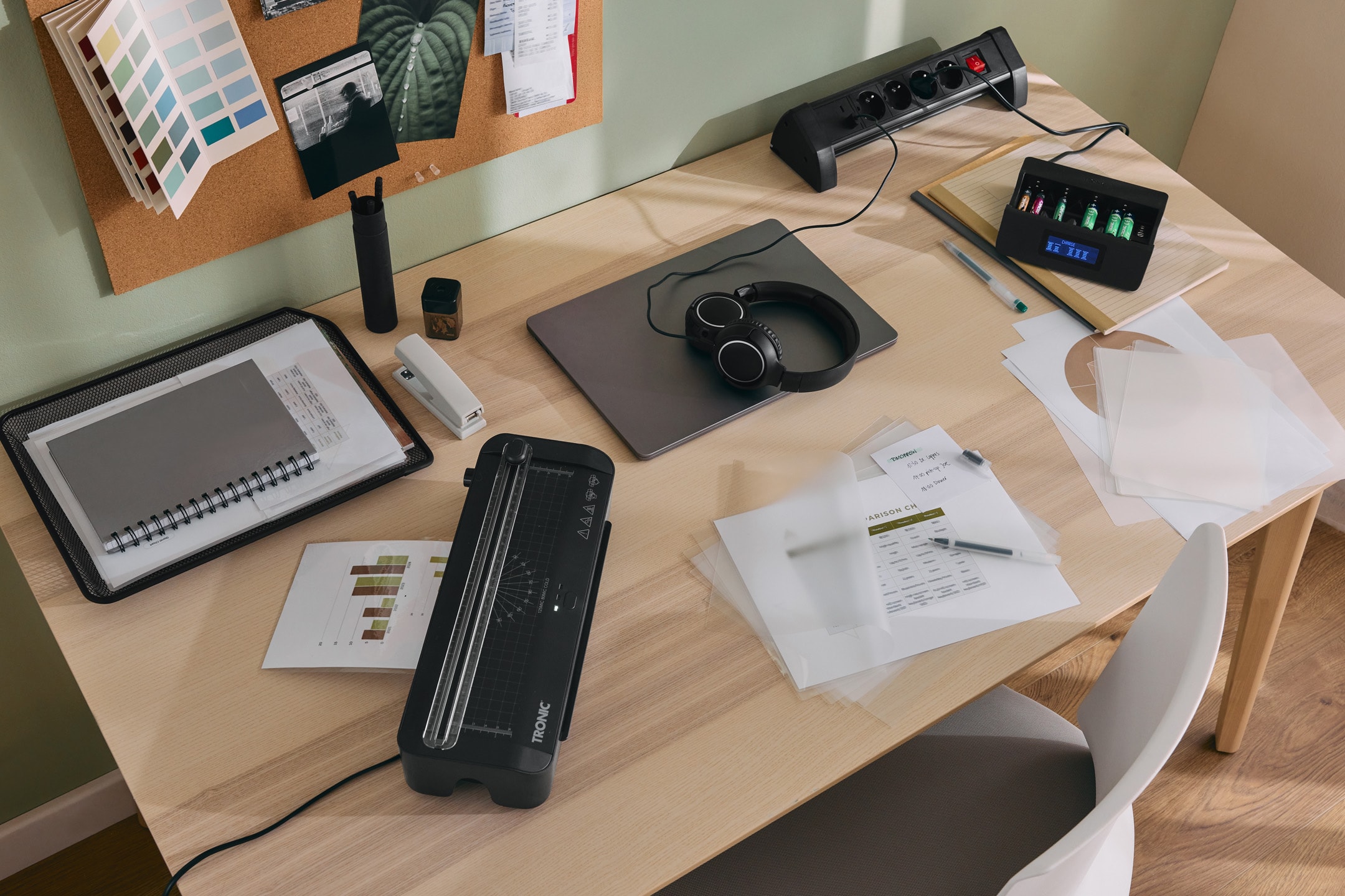 Et skrivebord med en batterioplader, en papirskærer, en bærbar computer og kontorartikler.