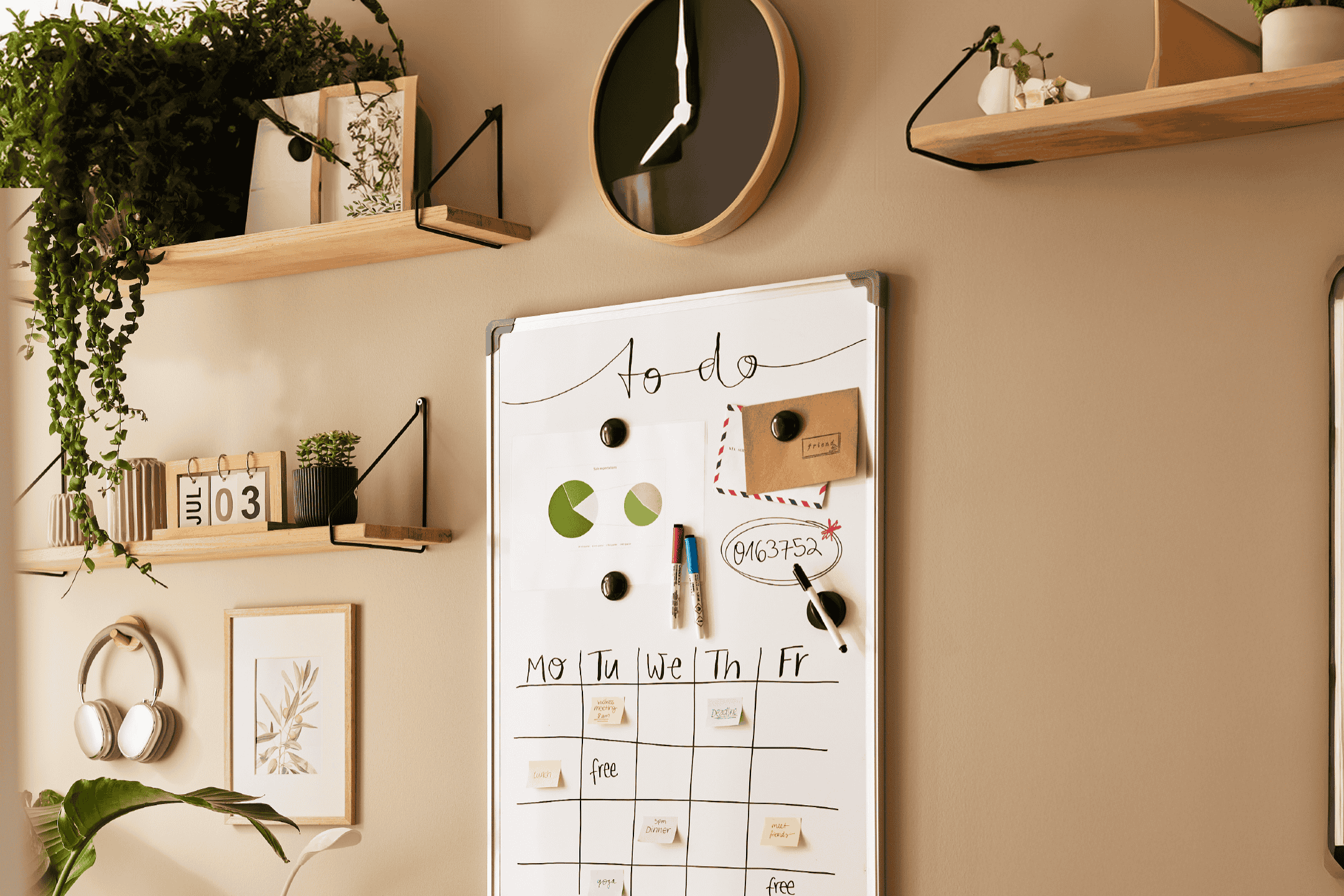 Hjemmekontor med en hvid tavle, hylder med planter og en kalender.