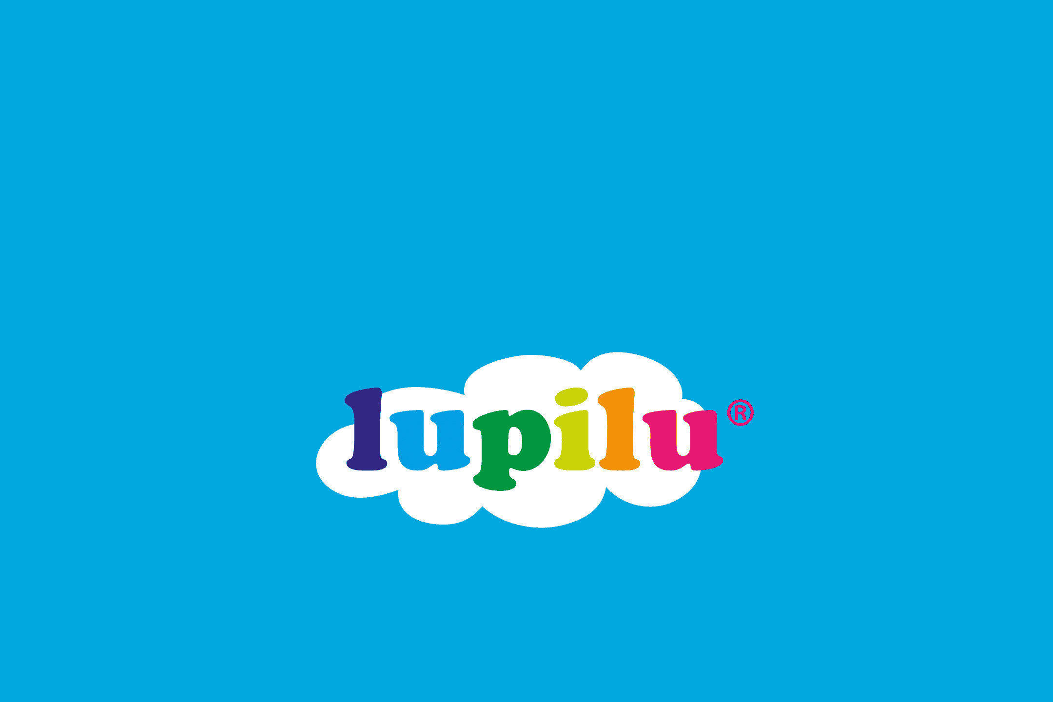 Farverigt logo med ordet 'lupilu' i en hvid sky på en blå baggrund.