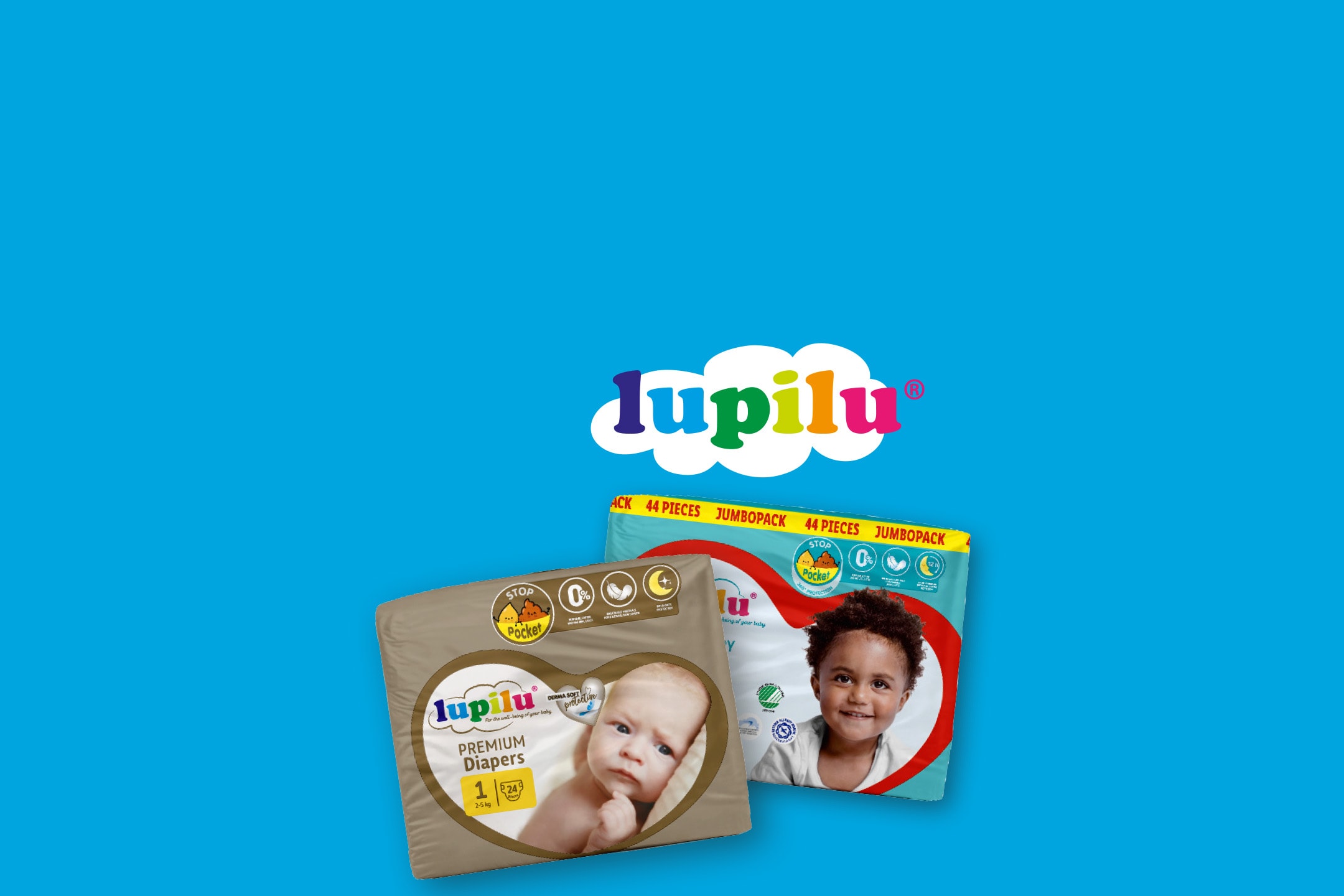 To pakker babybleer, en brun og en blå, med billeder af babyer og produktinformation.