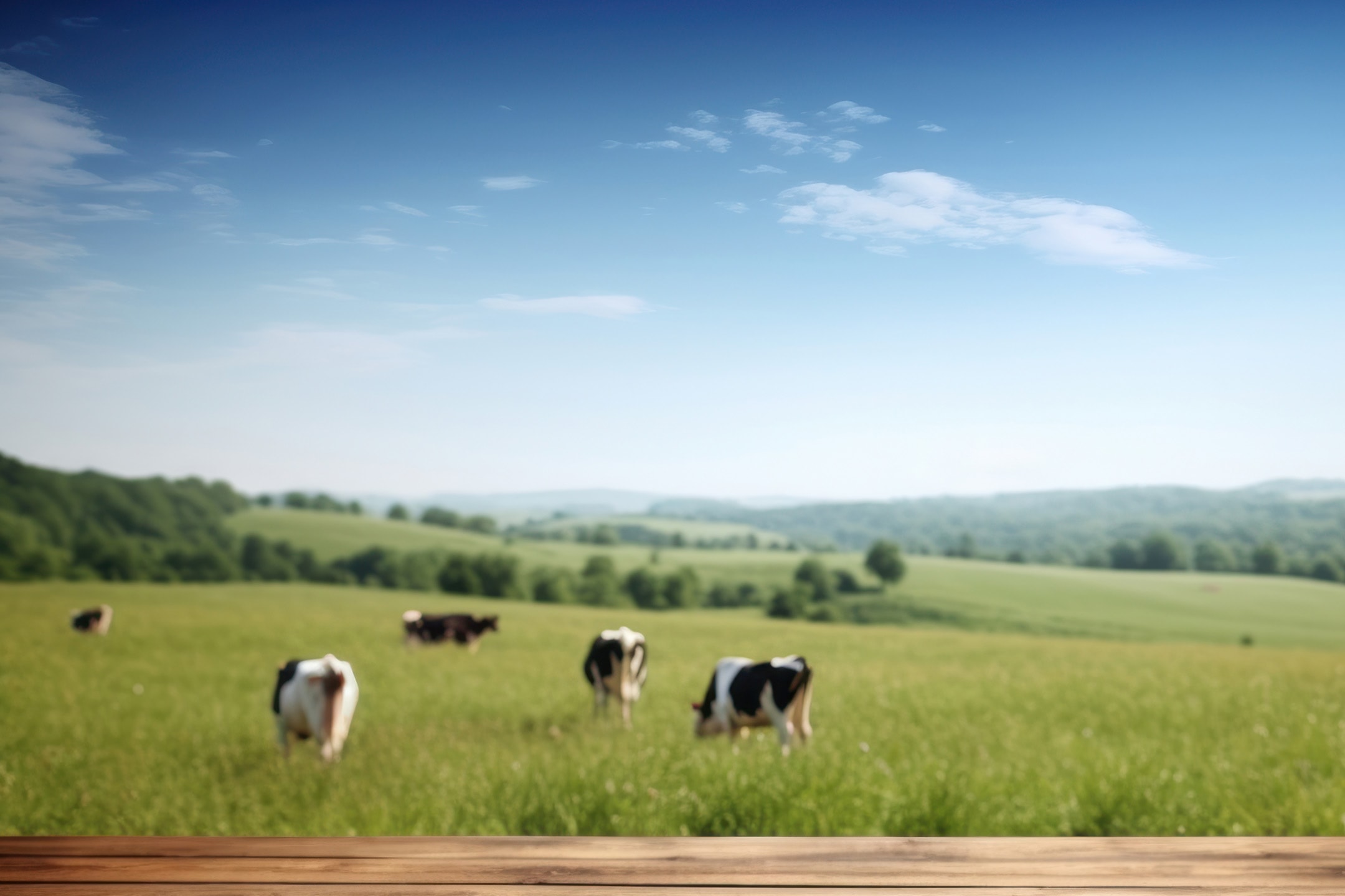 Træbord med grøn eng, køer og blå himmel i baggrunden.