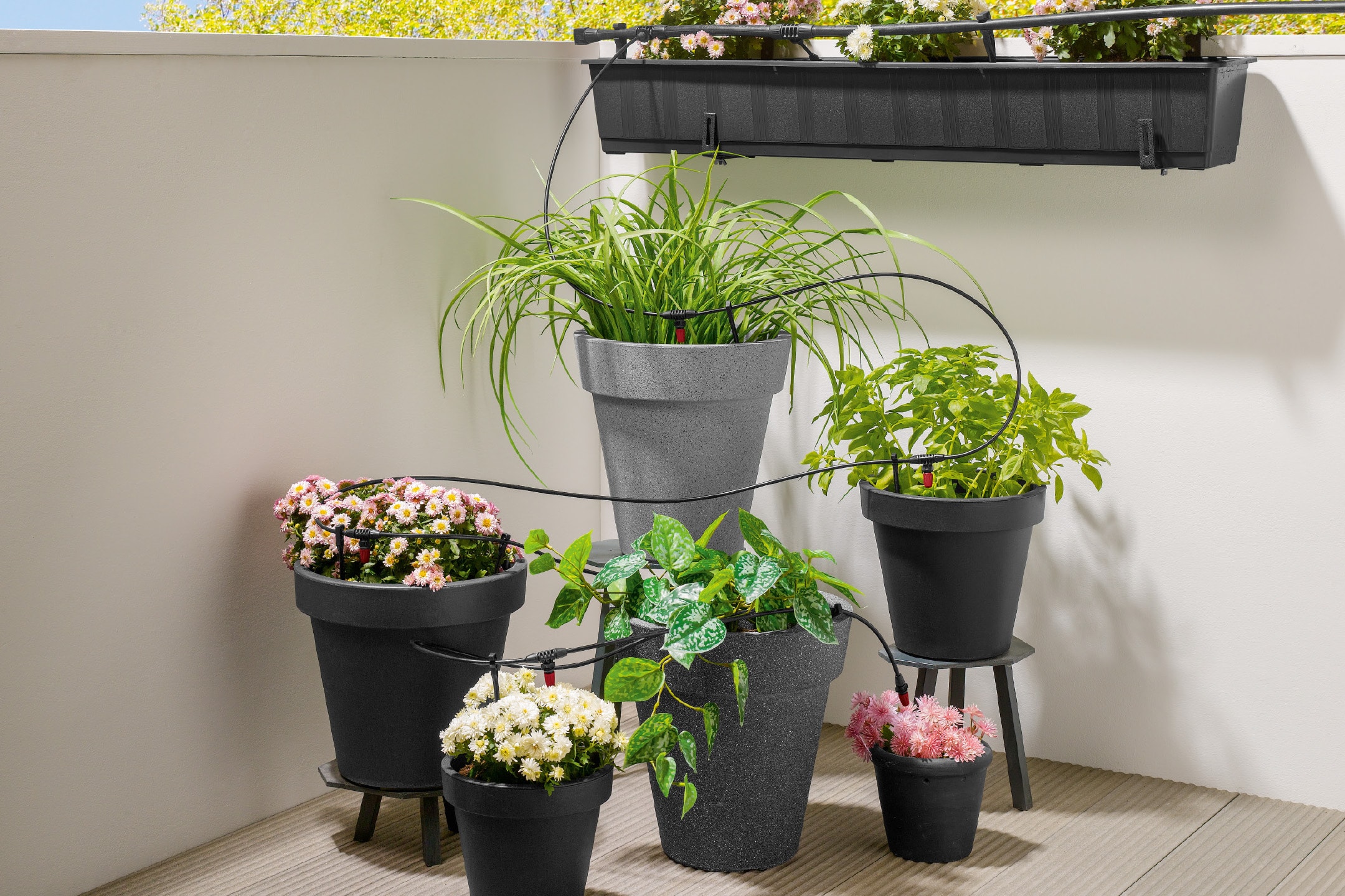 Balkon med et automatisk vandingssystem til flere planter i forskellige potter.