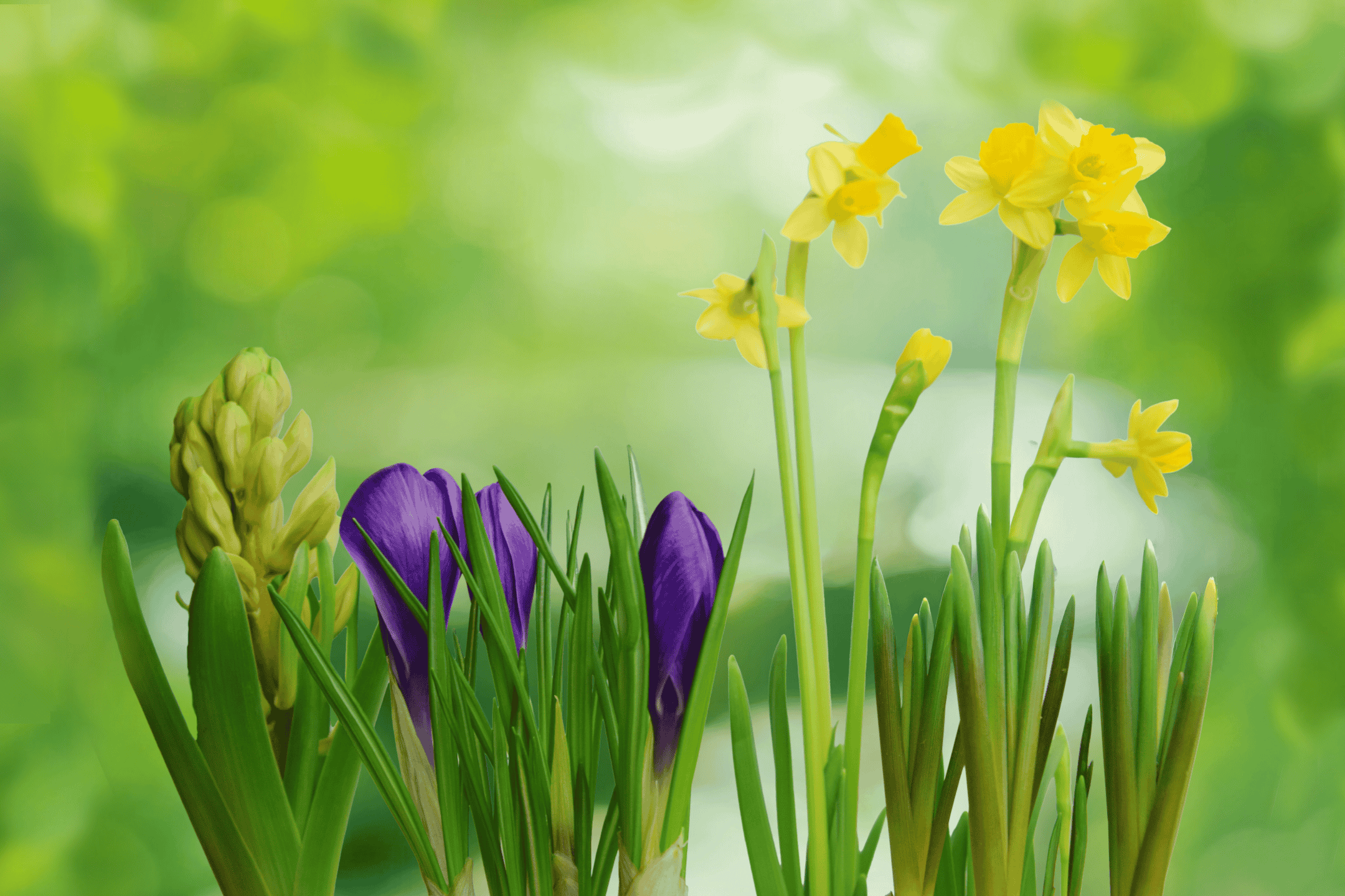 Forårsblomster: gule påskeliljer, lilla krokus og en grøn hyacint mod en sløret grøn baggrund.