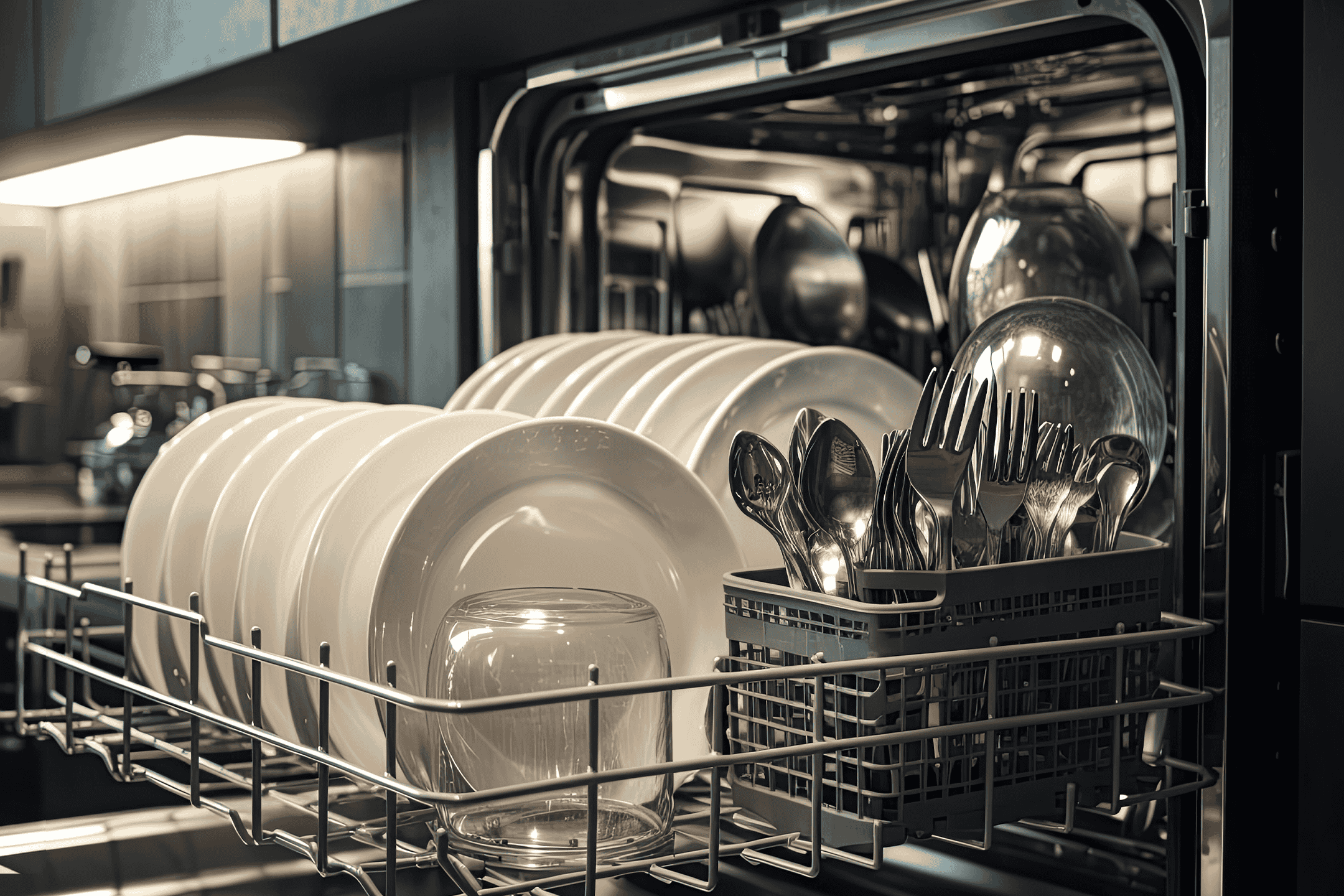 Åben opvaskemaskine fyldt med rene tallerkener, glas og bestik.