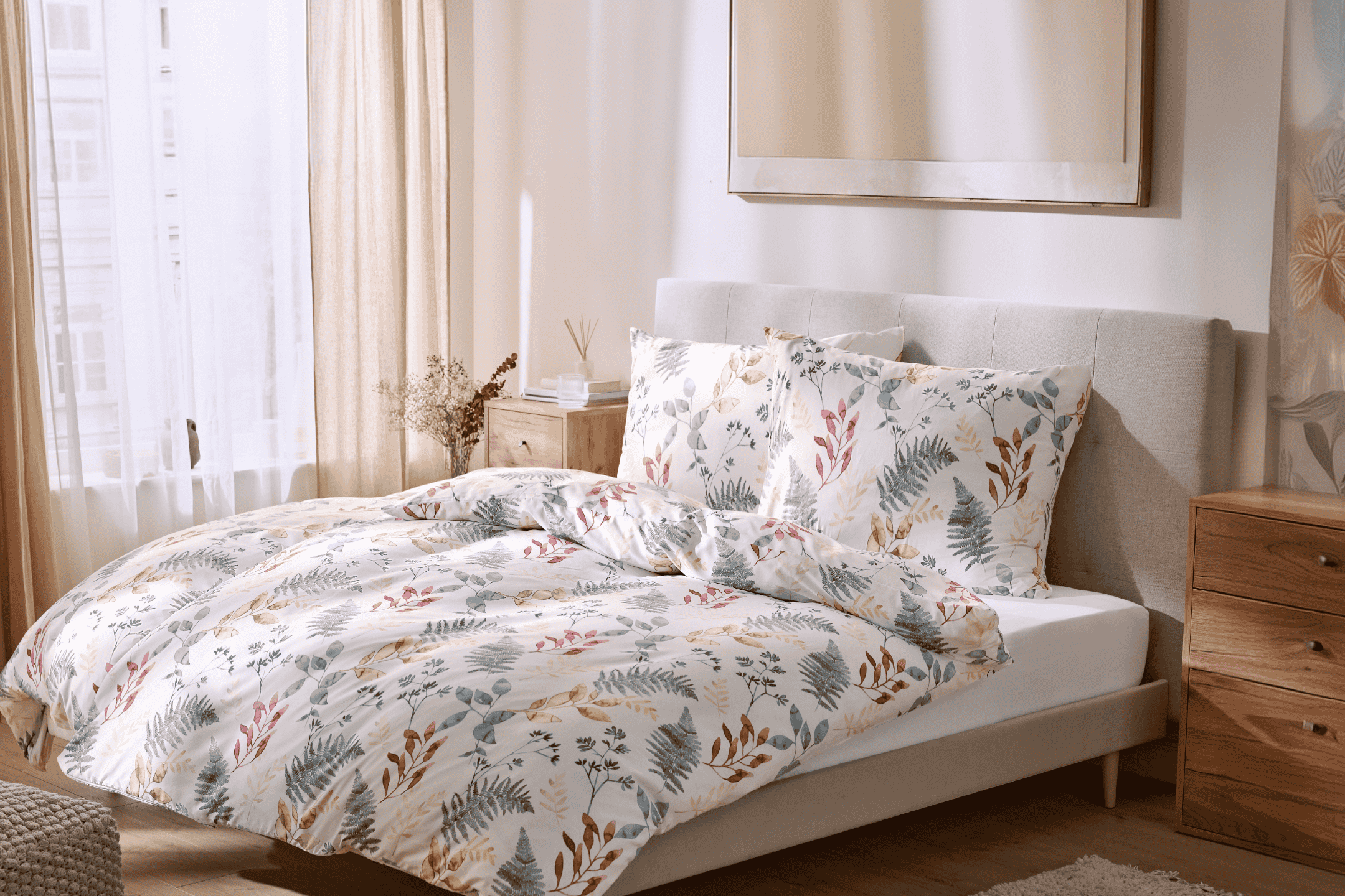 Soveværelse med seng med blomstret sengetøj, natbord og vindue med gardiner.