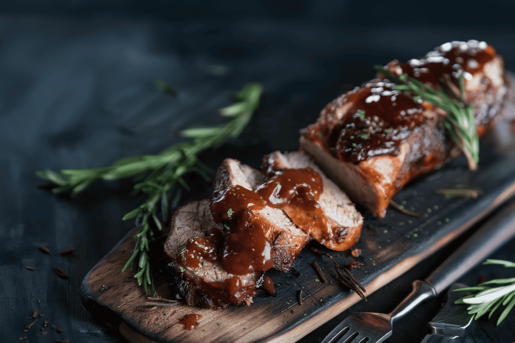 Skiver af glaseret svinemørbrad med rosmarin på et træskærebræt.