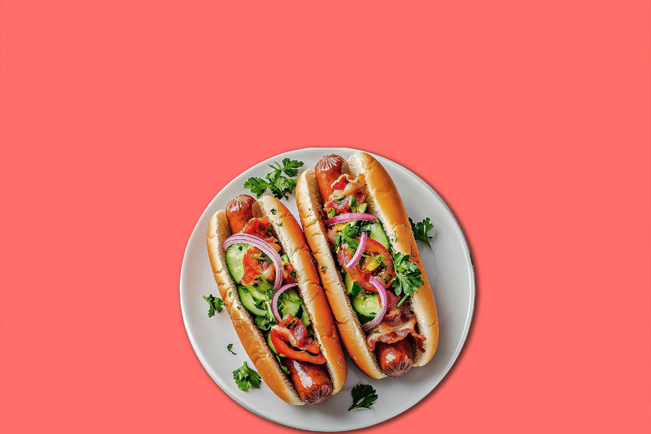 To hotdogs med bacon, agurk, rødløg og persille på en hvid tallerken.