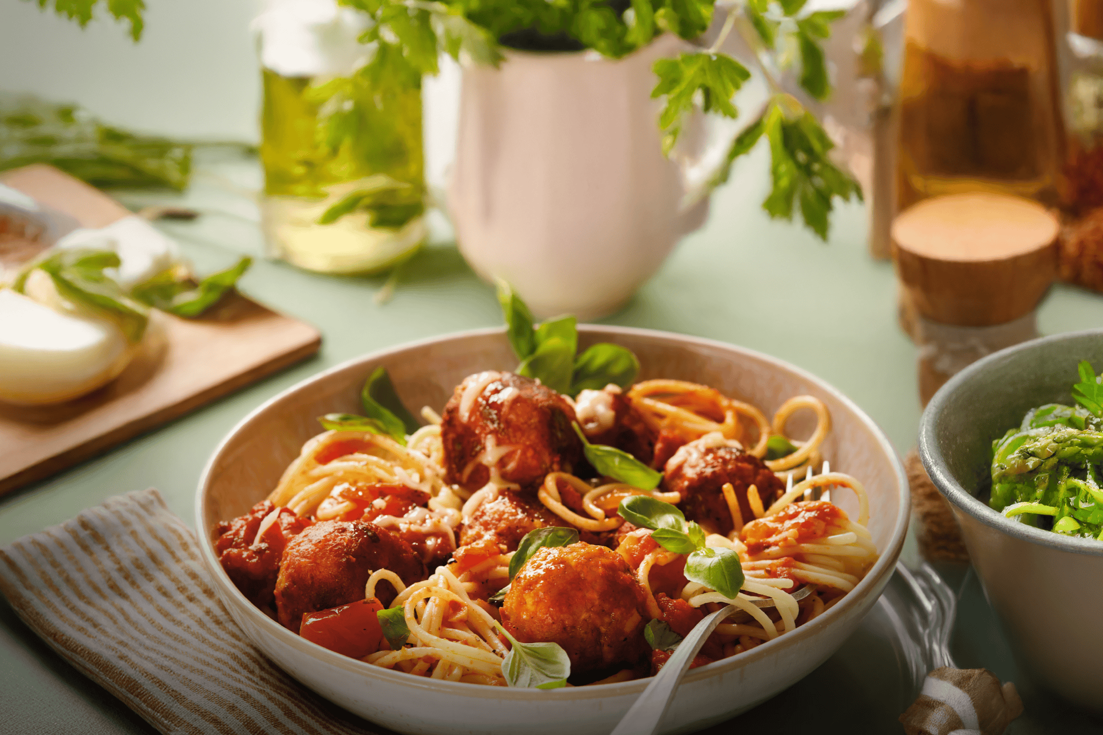 Spaghetti med kødboller og tomatsauce, pyntet med basilikumblade.