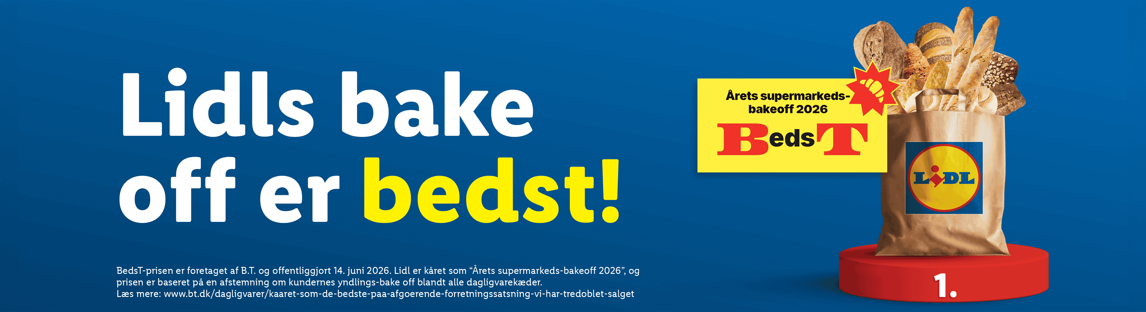 En papirpose fyldt med brød og bagværk, med teksten 'Lidls bake off er bedst!' og en pris for 'Årets supermarkeds-bakeoff 2026'.