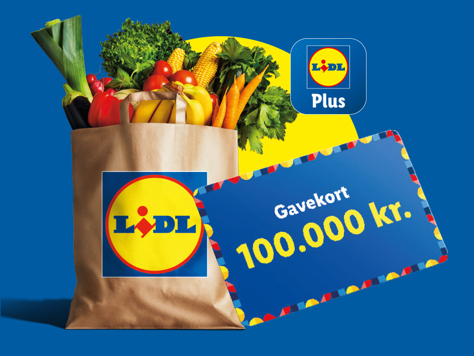 En indkøbspose fra Lidl fyldt med frugt og grøntsager, en gavekort og Lidl Plus-logoet.