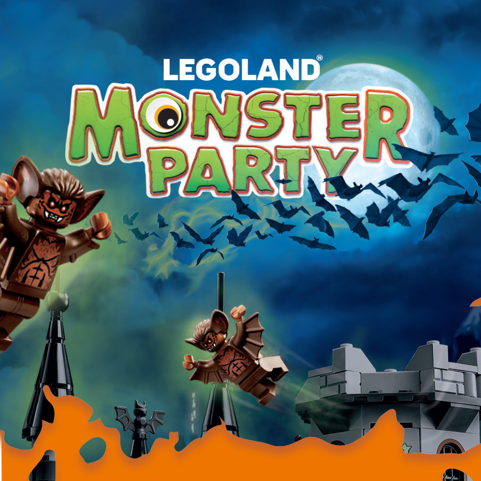 Legoland Monster Party-plakat med Lego-flagermus og et slot under en fuldmåne.