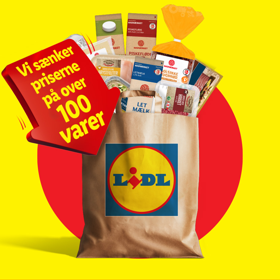 Lidl indkøbspose med fløde, mælk, kyllingefilet og brød; rød pil: 'Vi sænker priserne på over 100 varer'.