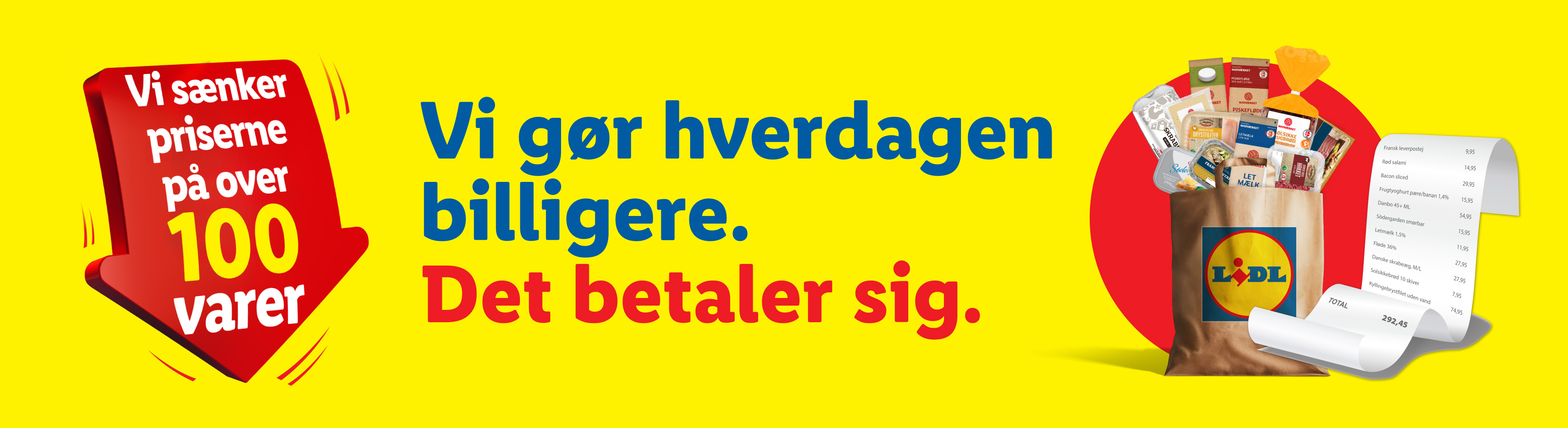 Lidl reklame med en indkøbspose fyldt med dagligvarer og en kvittering, der viser besparelser, med teksten 'Vi gør hverdagen billigere. Det betaler sig.'