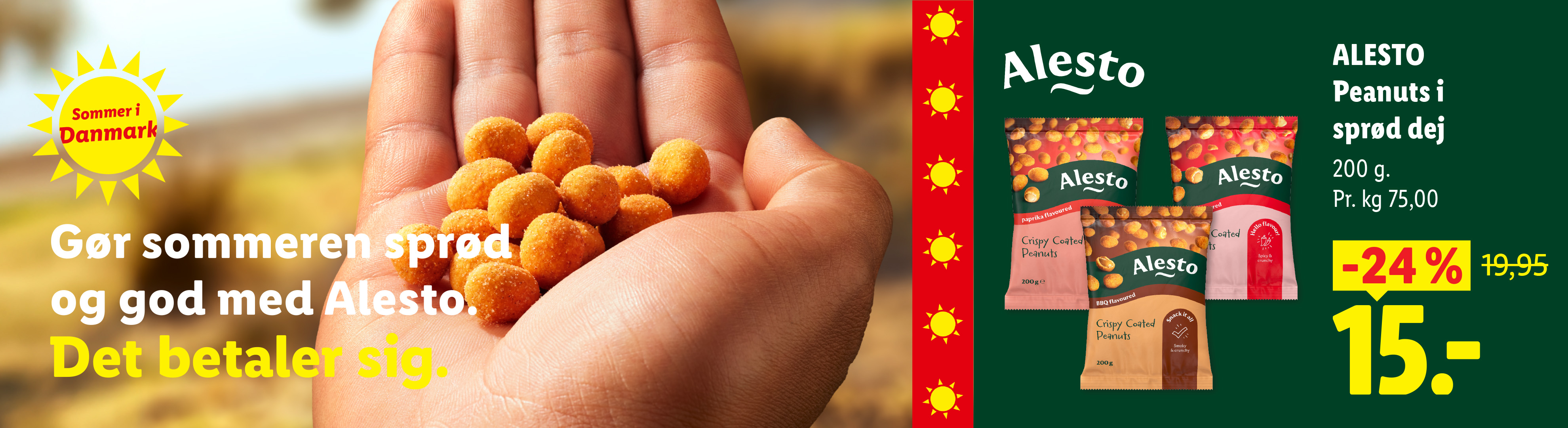En hånd holder sprøde peanuts, med pakker af sprøde peanuts og et tilbud på 15 kr. for 200g.