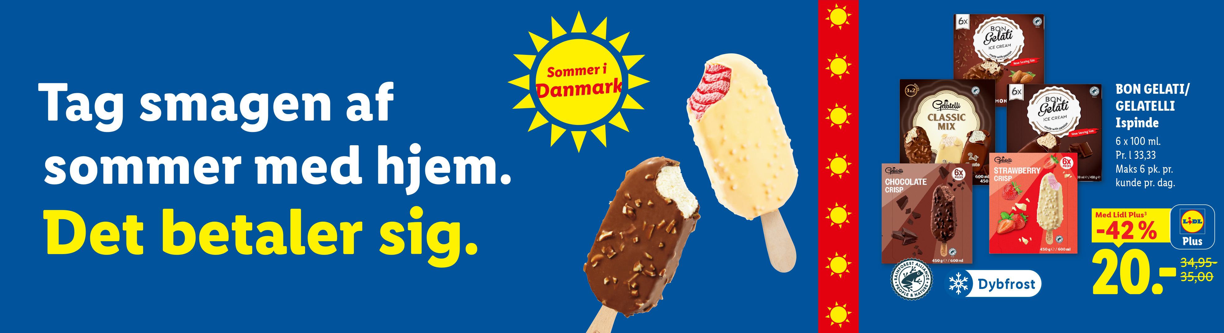 Reklame for ispinde med smag af sommer, der koster 20 kr. med Lidl Plus.