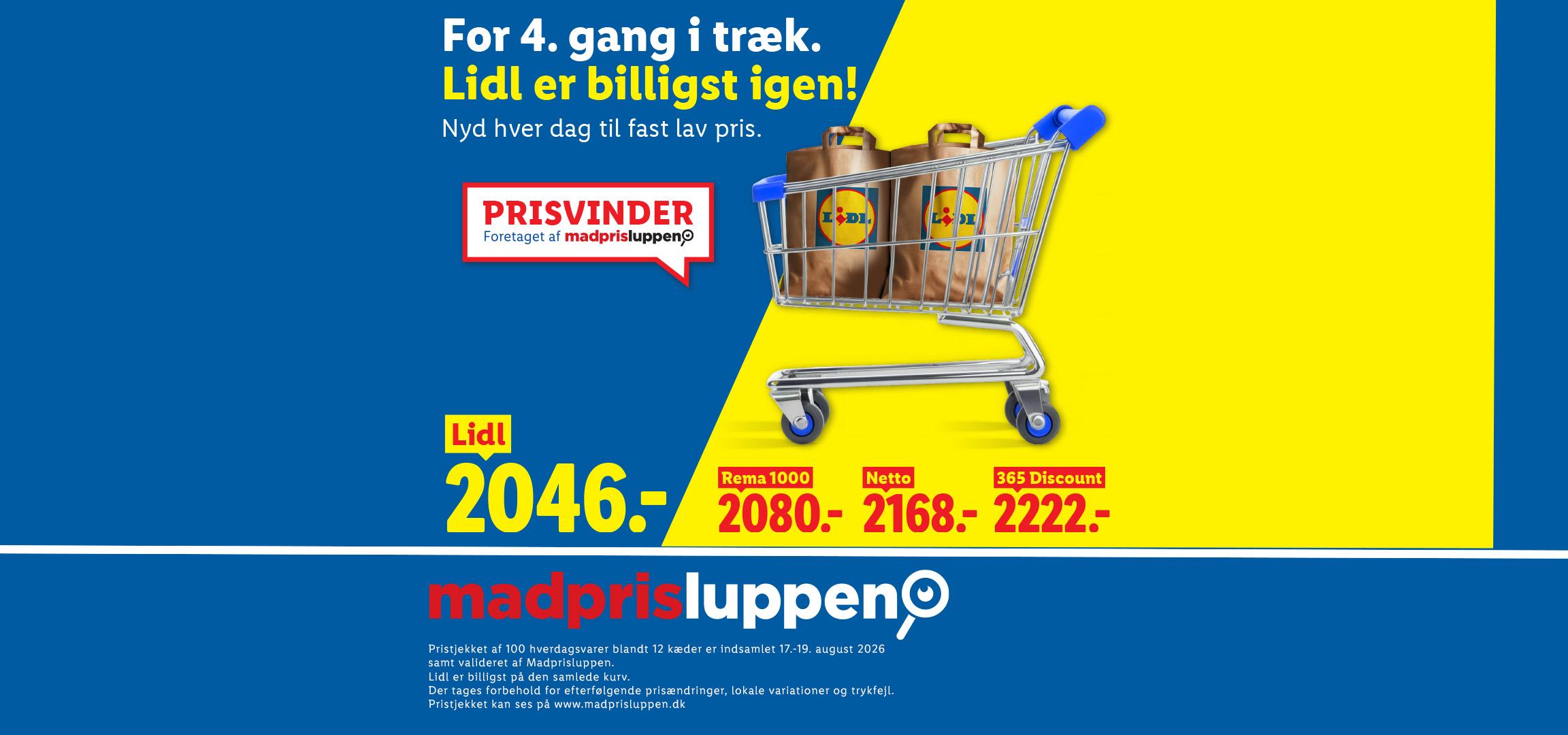 Indkøbsvogn med indkøbsposer og tekst: 'For 4. gang i træk. Lidl er billigst igen! Nyd hver dag til fast lav pris.'