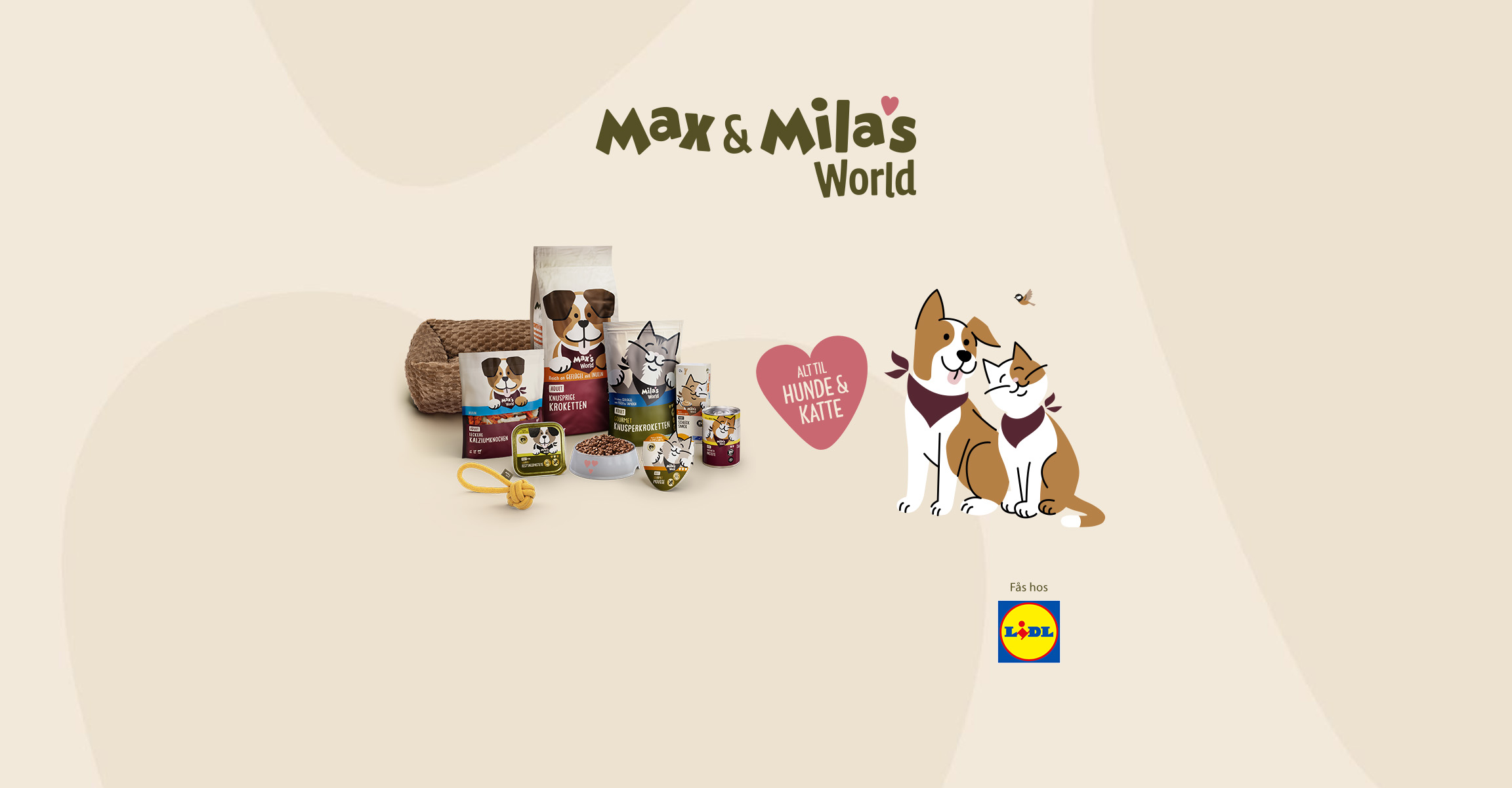 Max & Mila's World banner med teksten 'Alt til hunde & katte' og et udvalg af dyrefoderprodukter ved siden af illustrationer af en hund og en kat, fås hos Lidl