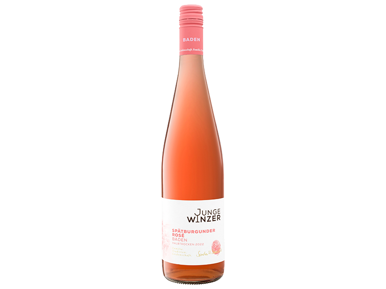 En flaske Junge Winzer Spätburgunder Rosé vin med en lyserød etiket.