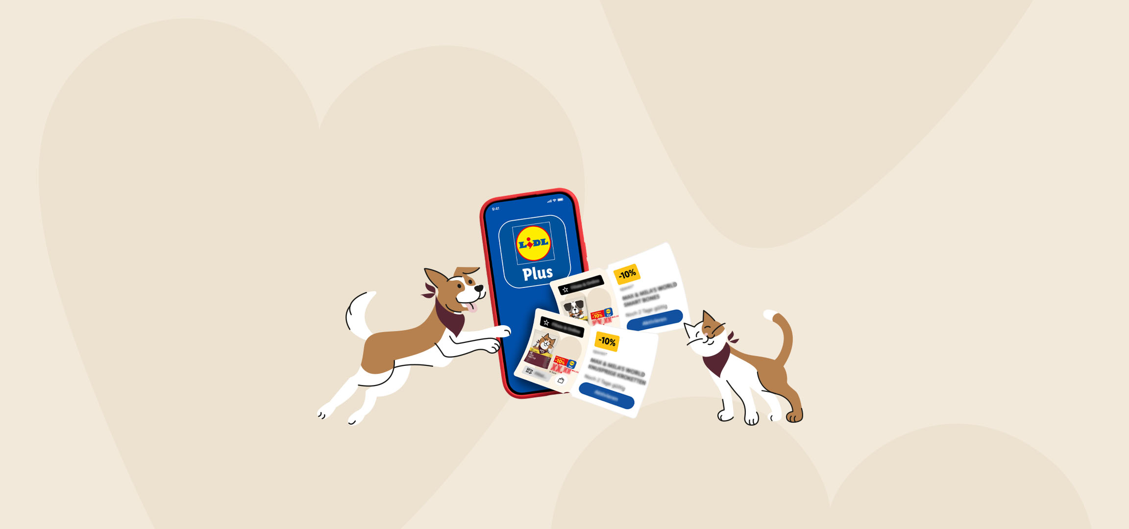 App med tilbud på kæledyrsfoder, omgivet af en kat og en hund.
