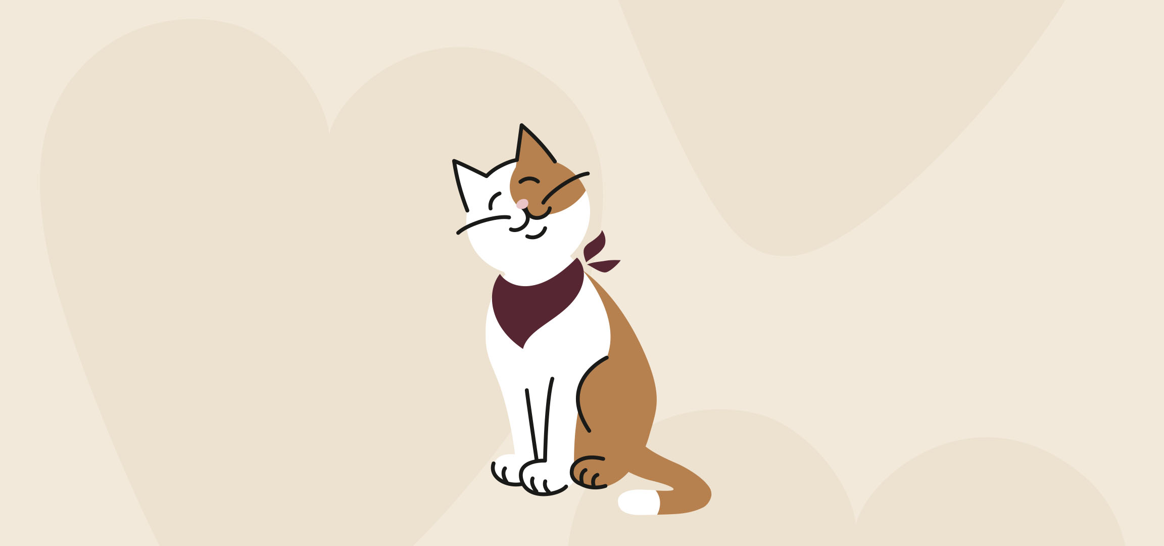 En smilende kat med et bordeaux tørklæde på en beige baggrund med abstrakte former.