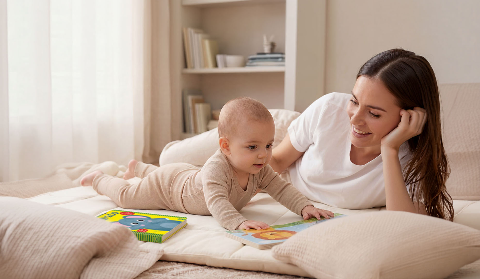 Mor og baby ligger på gulvet og læser bøger med dyrebilleder.