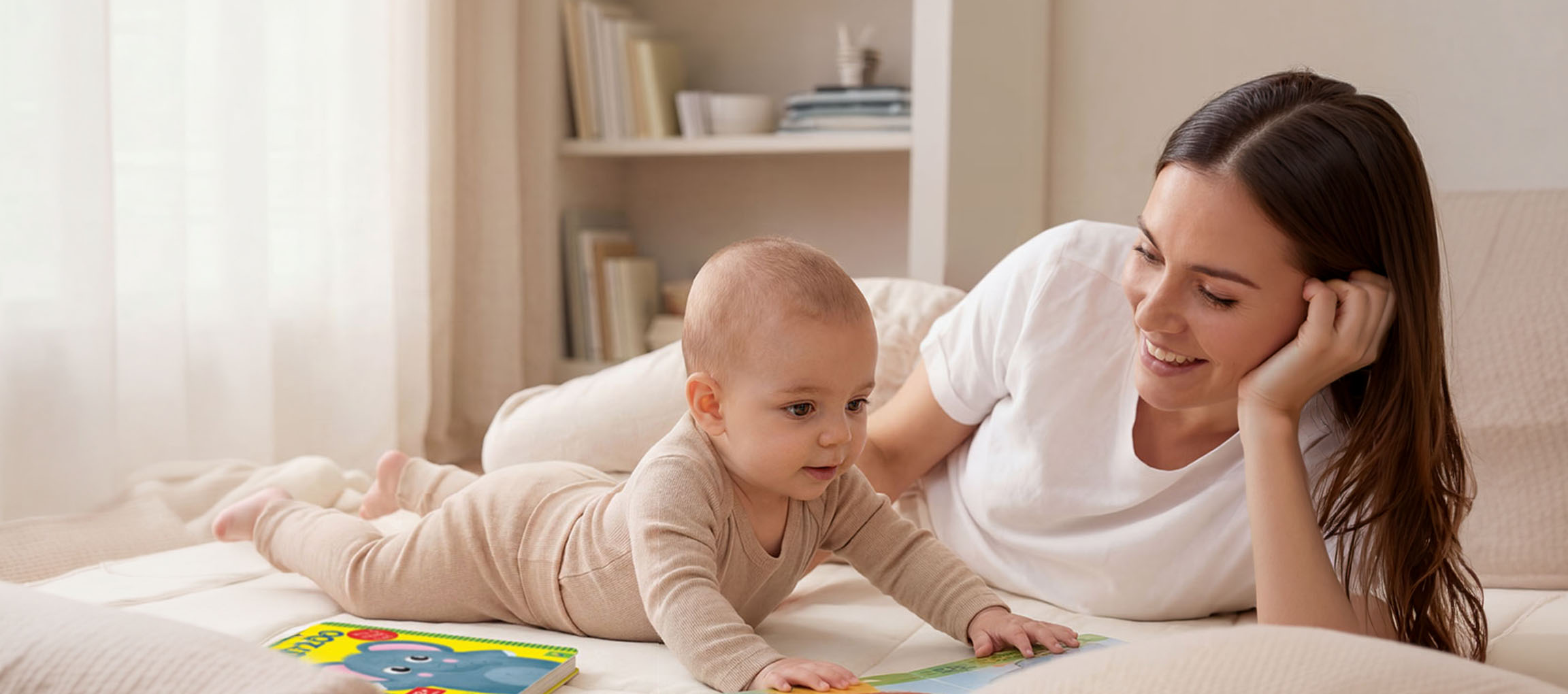 Mor og baby ligger på en seng og læser en bog.