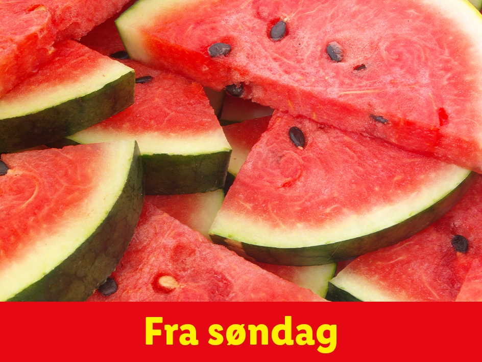 Vandmelon skiver med teksten 'Fra søndag' nederst.