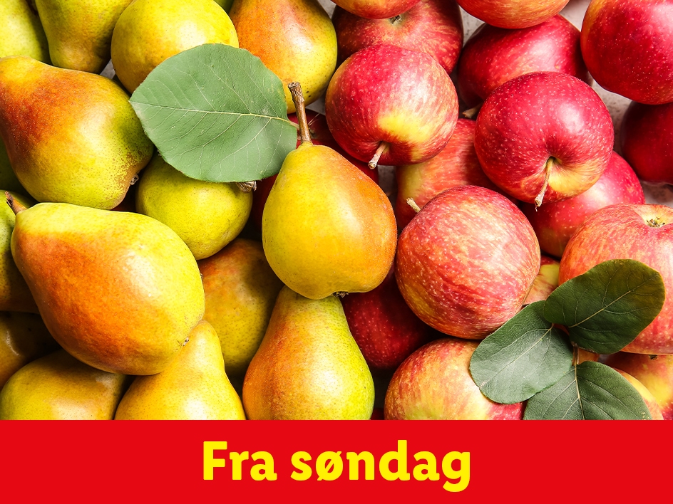 En blanding af røde æbler og gule pærer med grønne blade, med teksten 'Fra søndag'.