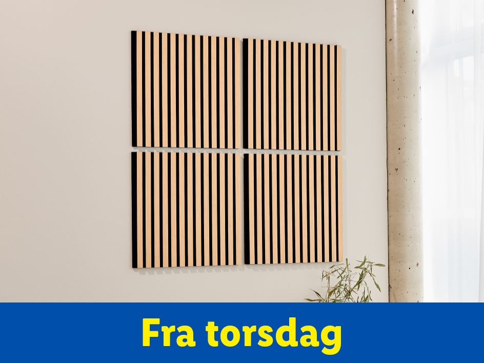 Fire akustikpaneler på en væg med en plante og et vindue.
