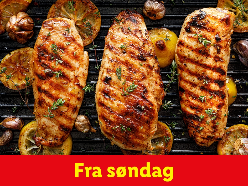 Grillerede kyllingebryster med citron og hvidløg fra søndag.