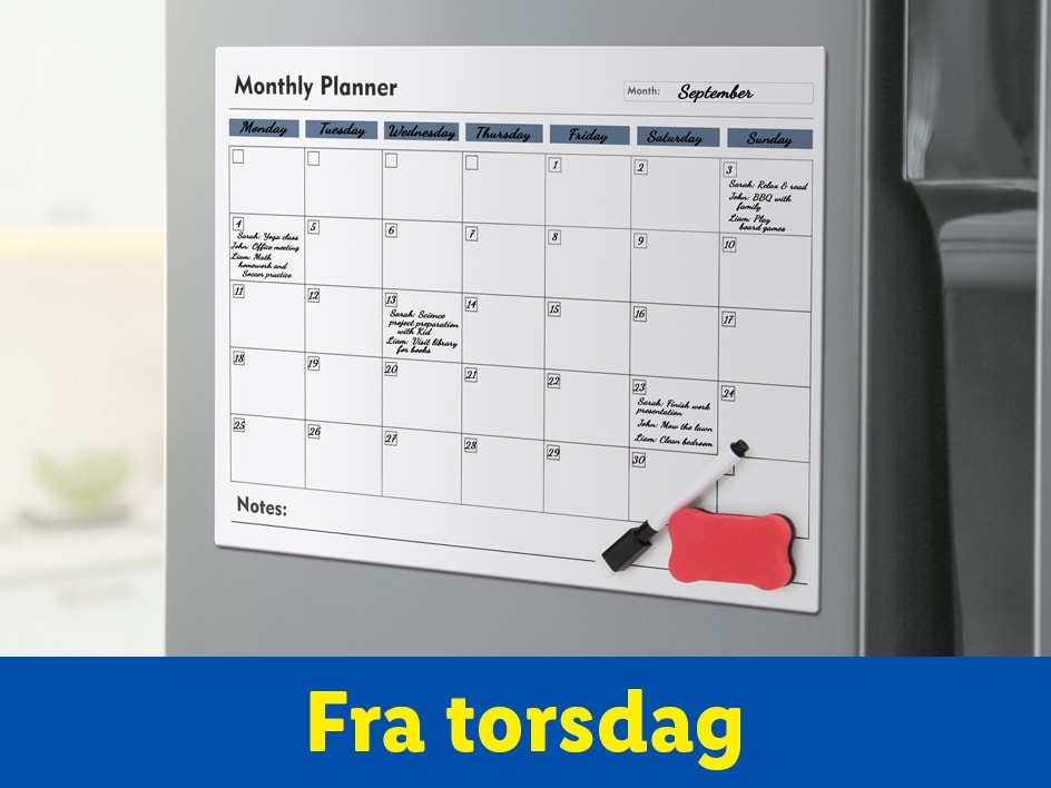 En magnetisk månedsplanlægger på en køleskabsdør med en viskelæder og markør.