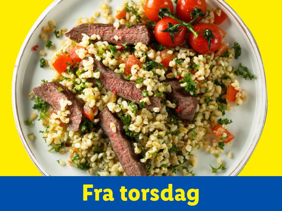 En lækker tallerken med bulgur, oksekød og cherrytomater - Tilgængelig fra torsdag.
