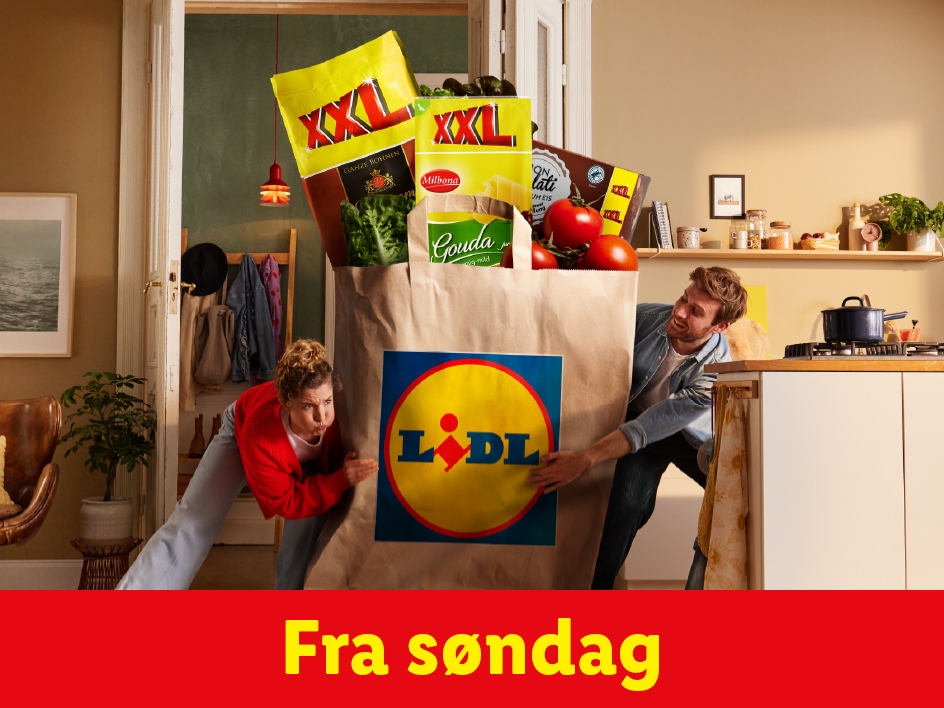 To personer bærer en overfyldt Lidl-indkøbspose med dagligvarer som salat, ost og tomater.