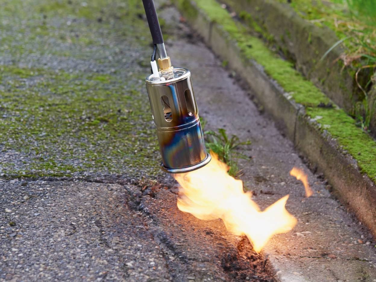 En ukrudtsbrænder med flamme, der fjerner ukrudt fra en revnet asfaltsti.