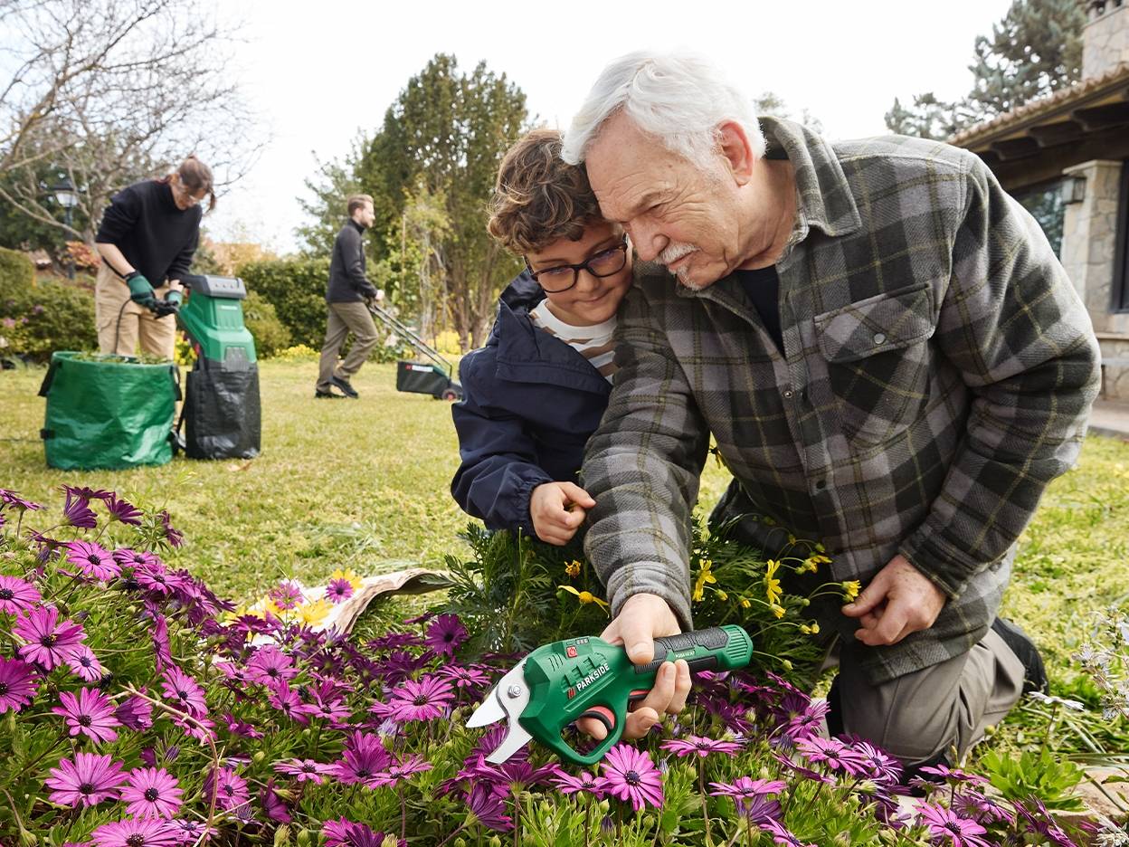 En mand og en dreng beskærer blomster med en Parkside-beskæresaks, mens andre arbejder i baggrunden.