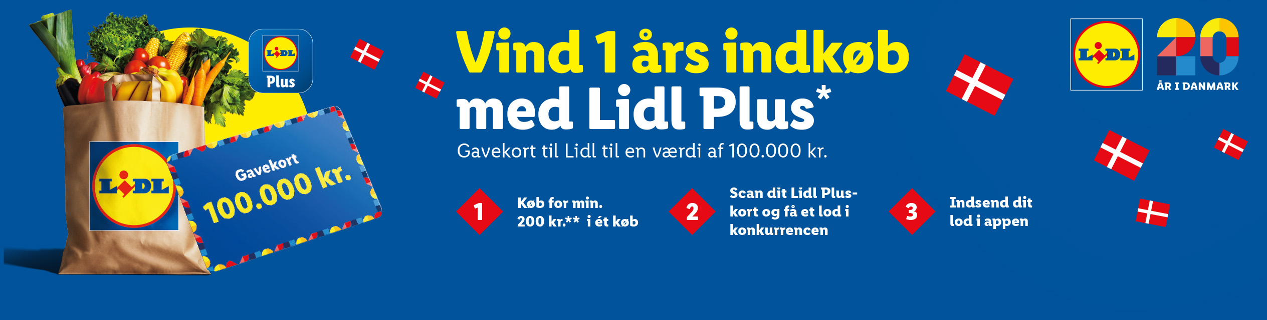 Lidl-reklame for at vinde et års indkøb med Lidl Plus, inklusive et gavekort på 100.000 kr.